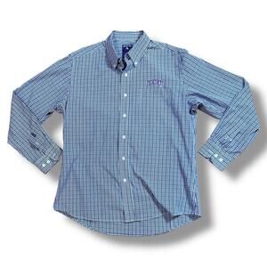 Antigua TCU Button Down Shirt Mens Purple White Plaid Embroidered Sz L
